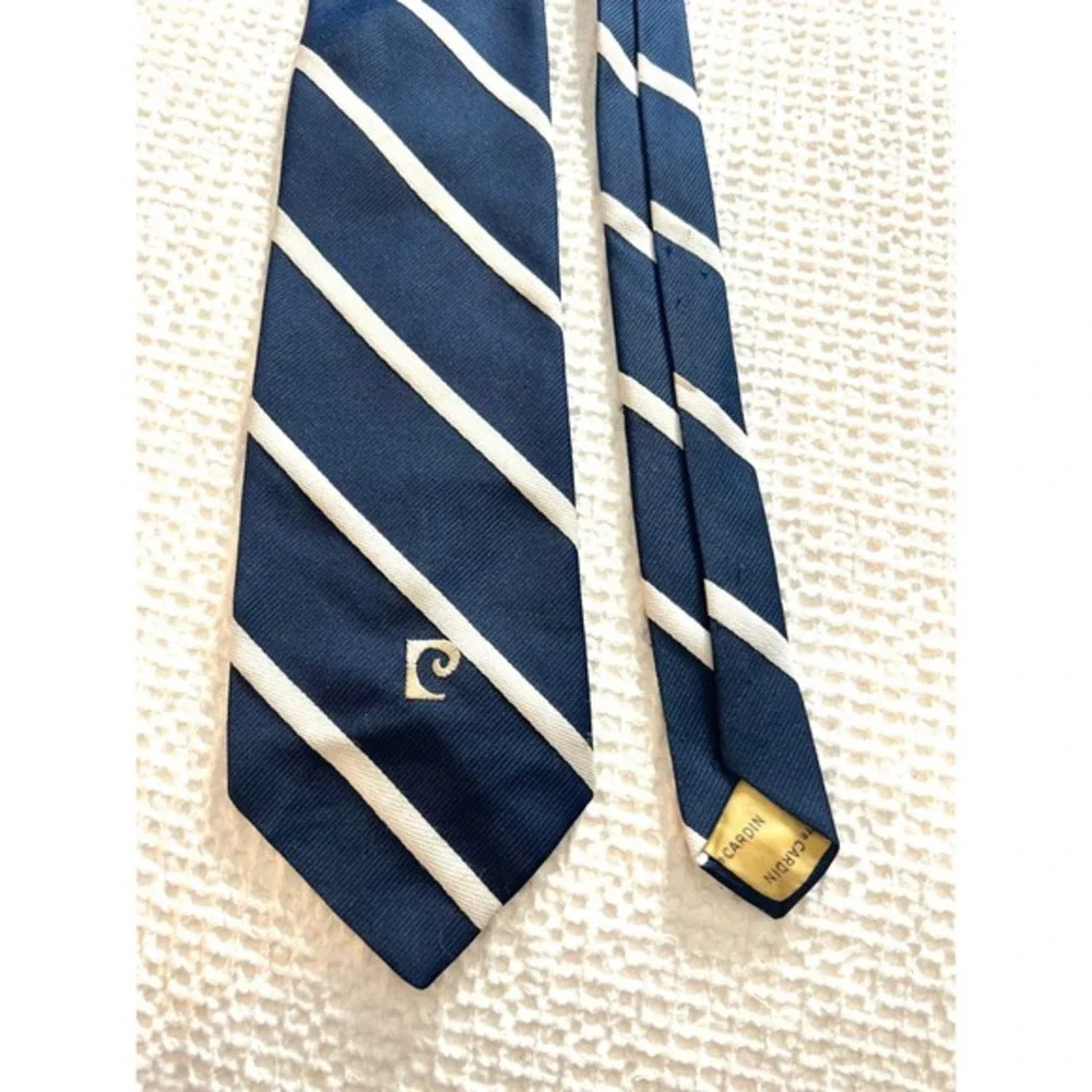 Pierre Cardin Vintage Navy White Stripe Silk Blend Necktie Mens Formal Business - Picture 1 of 4